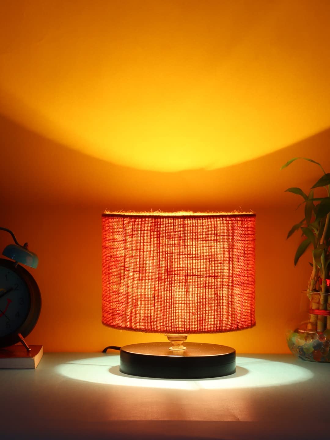 Orange Jute Shade Lamp with Black Wood Base for Decoration/Office/Home/Gifting/Study for Office/Home/Gifting -(7x7x7) Inches -