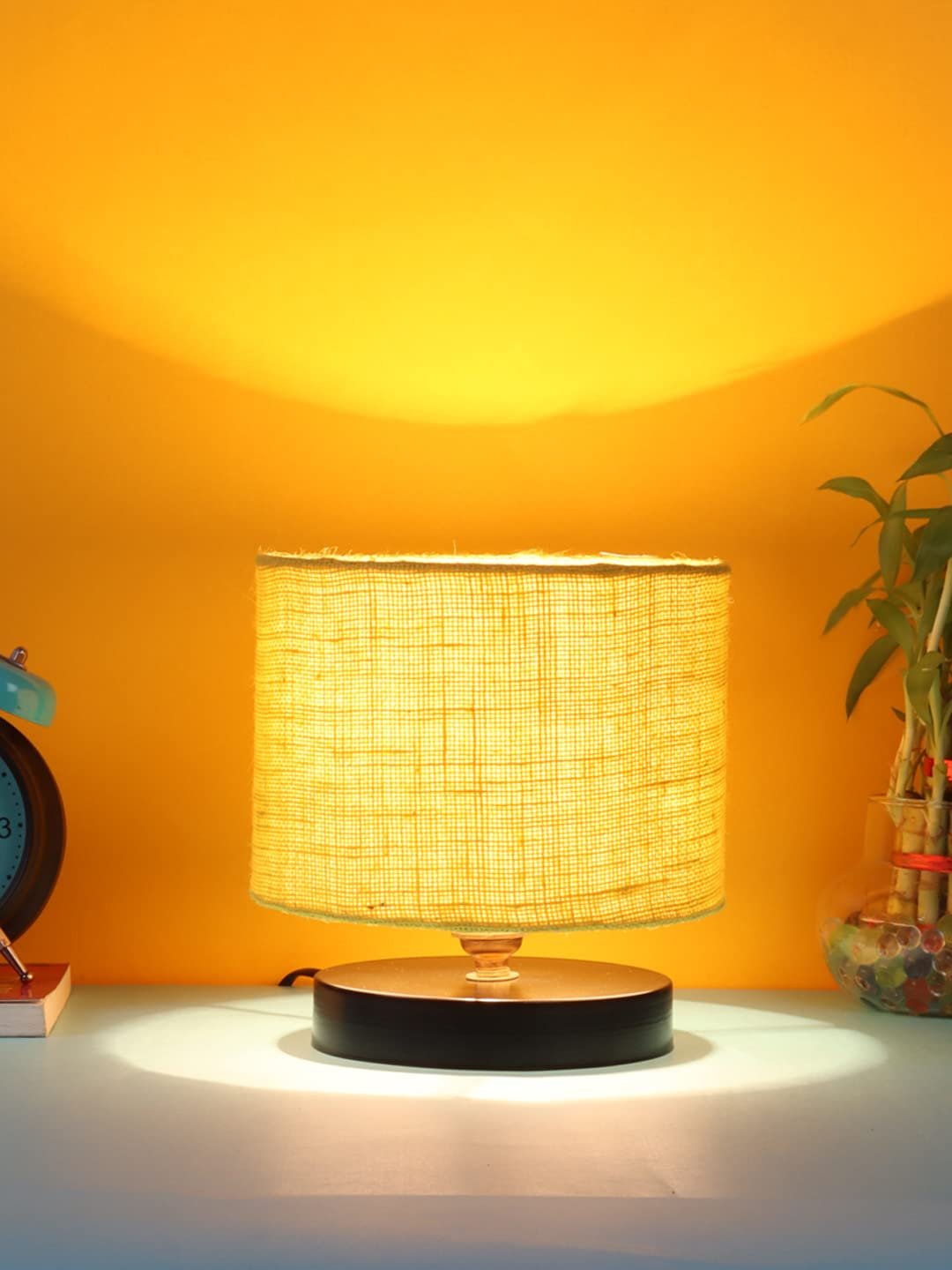 Yellow Jute Shade Lamp with Black Wood Base for Decoration/Office/Home/Gifting/Study for Office/Home/Gifting -(7x7x7) Inches -