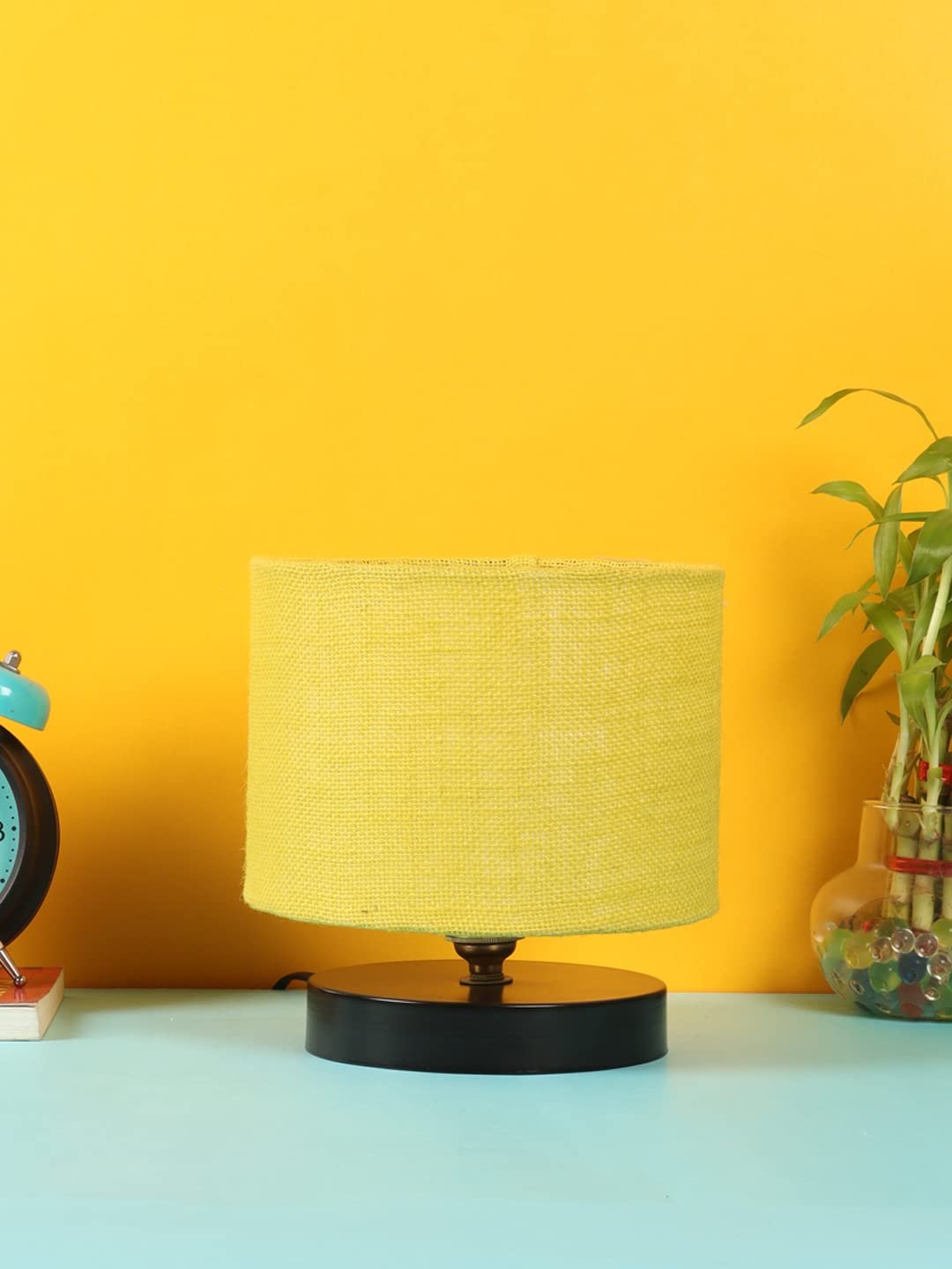 Yellow Jute Shade Lamp with Black Wood Base for Decoration/Office/Home/Gifting/Study for Office/Home/Gifting -(7x7x7) Inches -