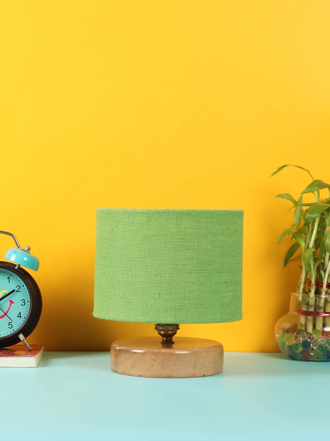 Green Jute Shade Lamp with Natural Wood Base for Decoration/Office/Home/Gifting/Study for Office/Home/Gifting -(7x7x7) Inches -