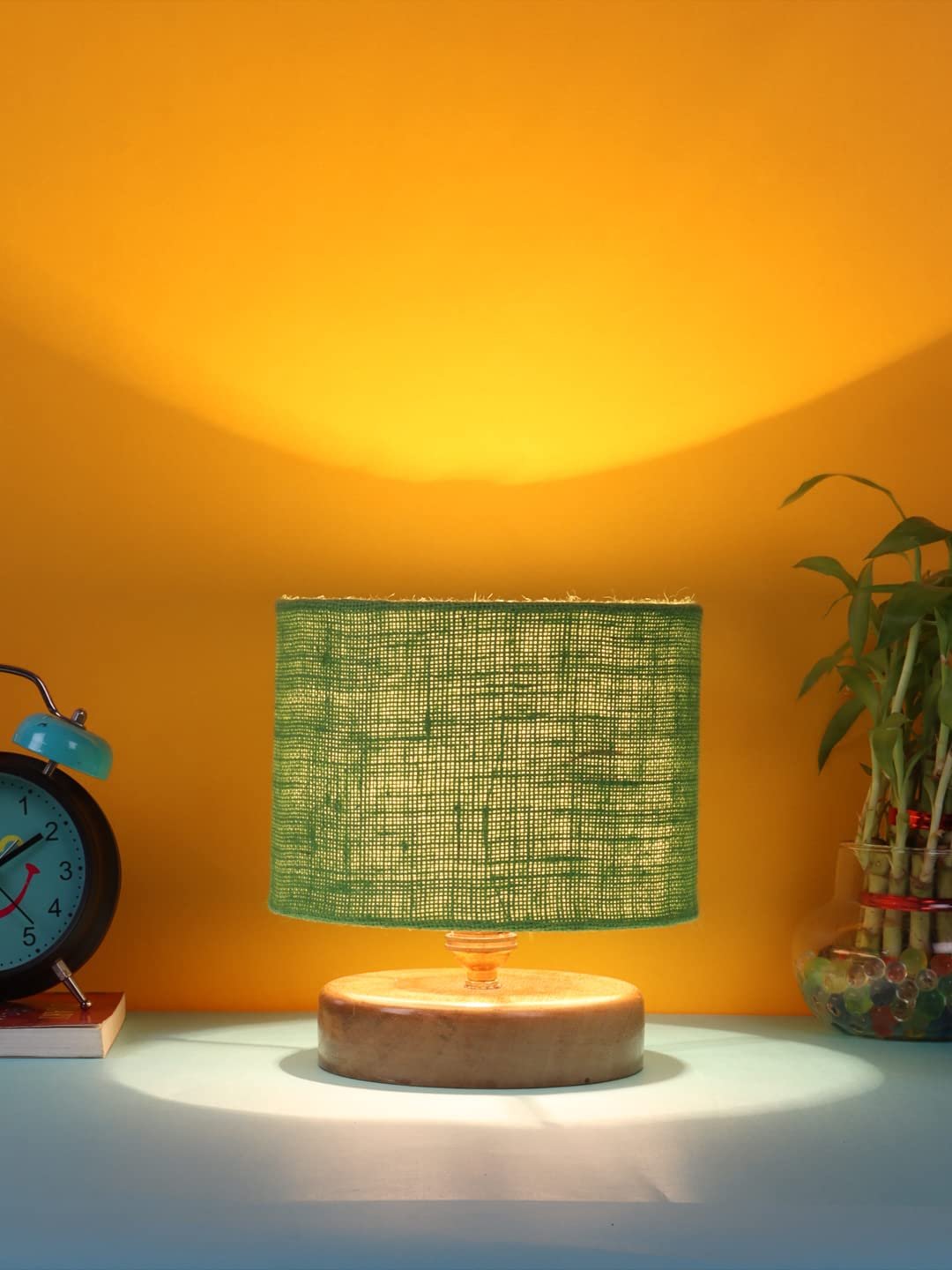 Green Jute Shade Lamp with Natural Wood Base for Decoration/Office/Home/Gifting/Study for Office/Home/Gifting -(7x7x7) Inches -