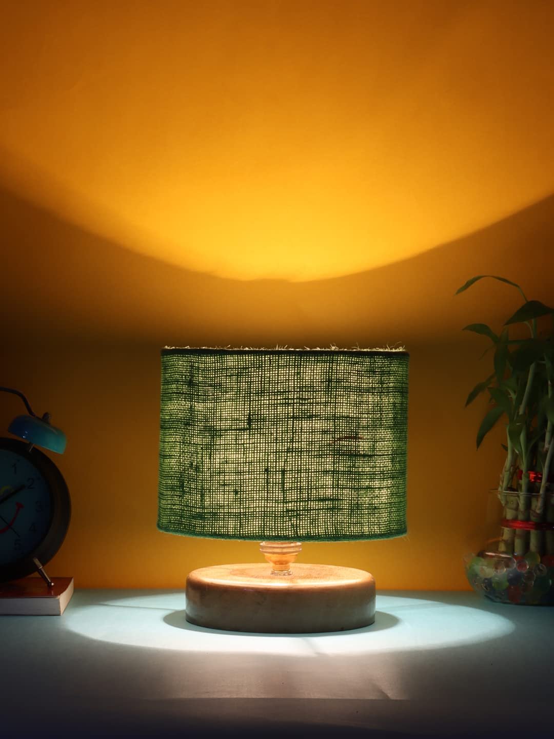 Green Jute Shade Lamp with Natural Wood Base for Decoration/Office/Home/Gifting/Study for Office/Home/Gifting -(7x7x7) Inches -