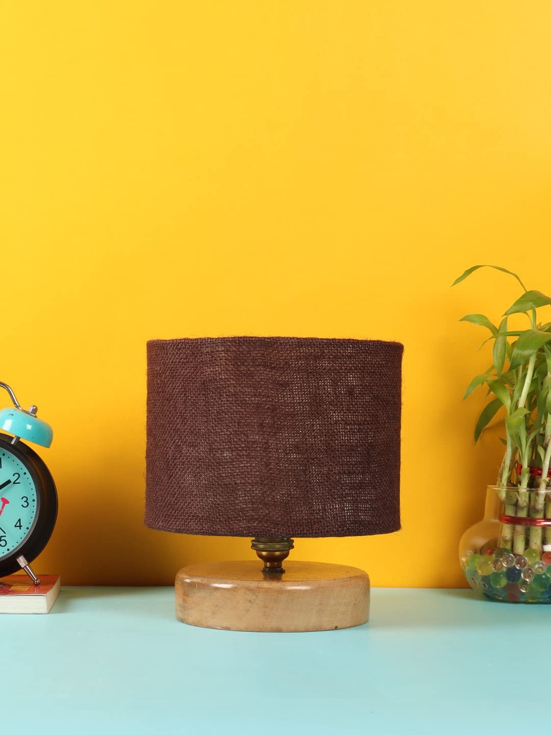 Brown Jute Shade Lamp with Natural Wood Base for Decoration/Office/Home/Gifting/Study for Office/Home/Gifting -(7x7x7) Inches -