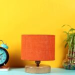 Orange Jute Shade Lamp with Natural Wood Base for Decoration/Office/Home/Gifting/Study for Office/Home/Gifting -(7x7x7) Inches –