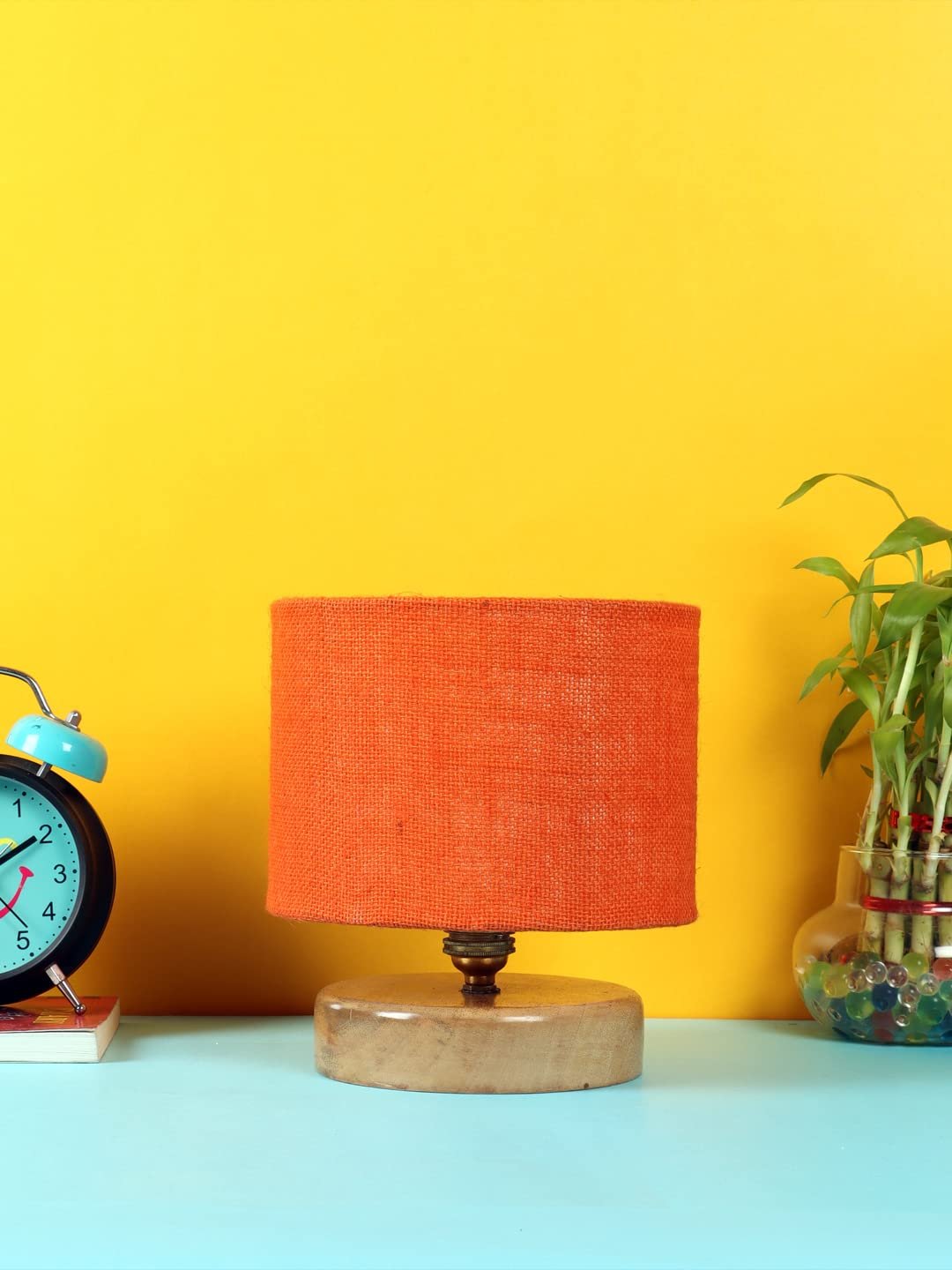 Orange Jute Shade Lamp with Natural Wood Base for Decoration/Office/Home/Gifting/Study for Office/Home/Gifting -(7x7x7) Inches -