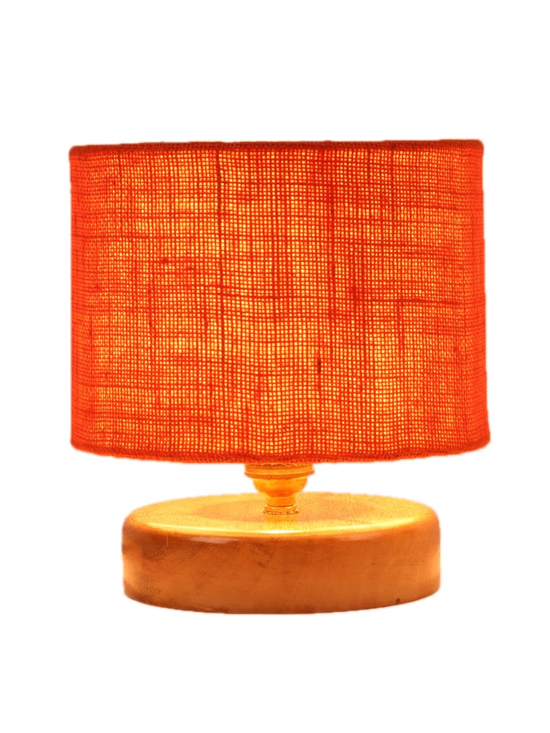 Orange Jute Shade Lamp with Natural Wood Base for Decoration/Office/Home/Gifting/Study for Office/Home/Gifting -(7x7x7) Inches -