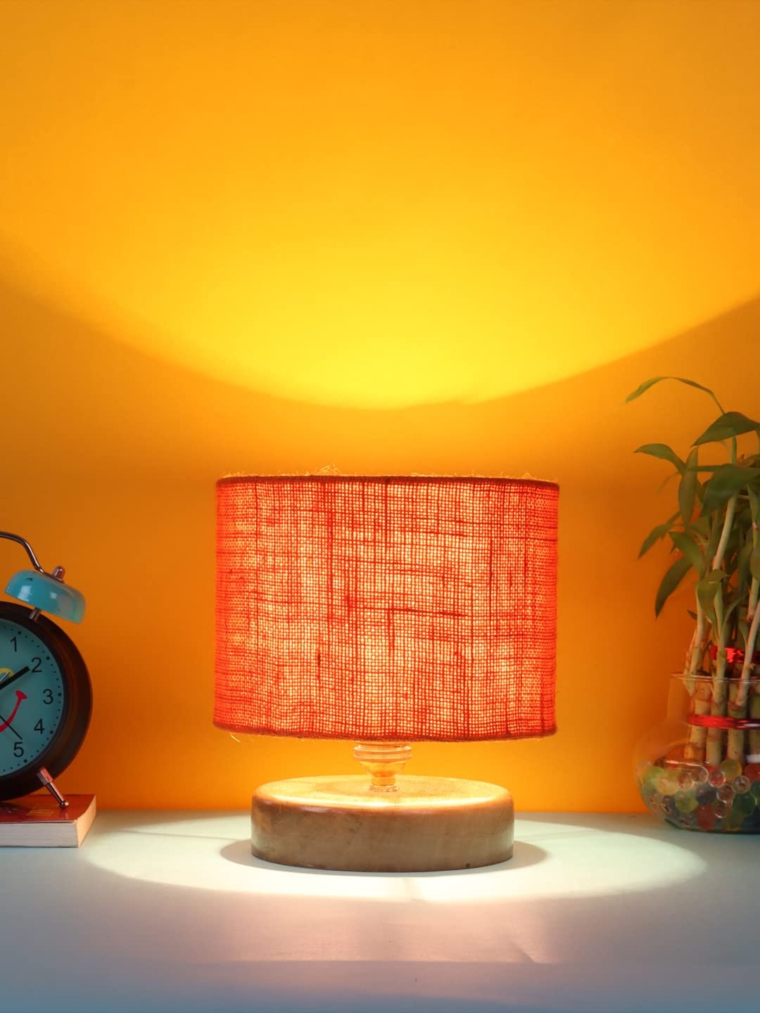 Orange Jute Shade Lamp with Natural Wood Base for Decoration/Office/Home/Gifting/Study for Office/Home/Gifting -(7x7x7) Inches -