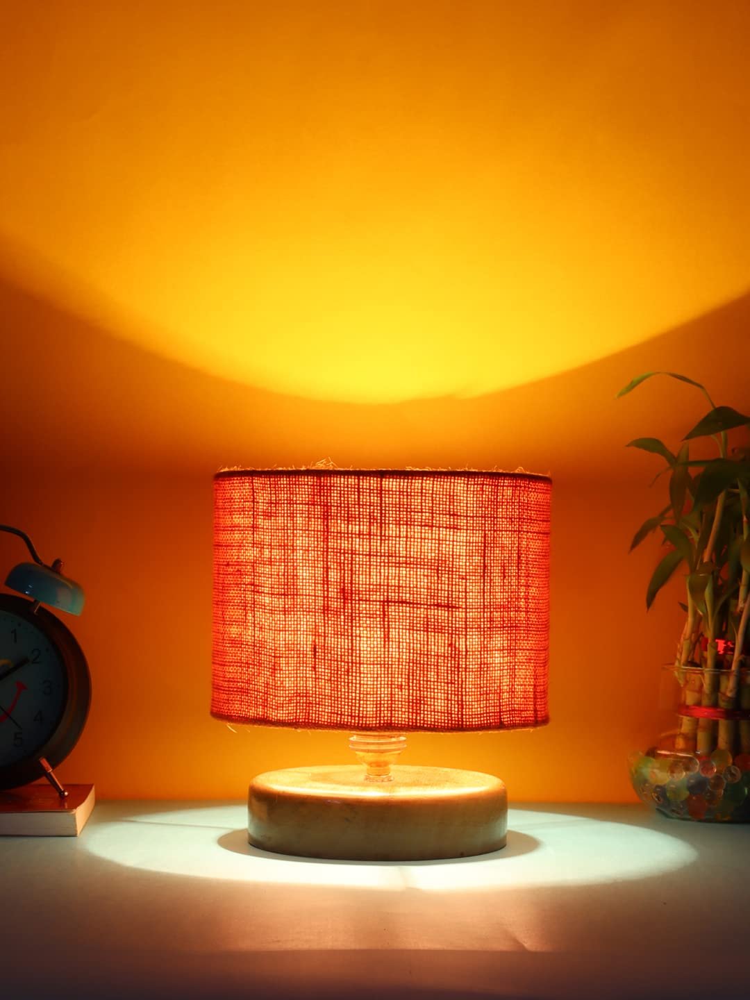 Orange Jute Shade Lamp with Natural Wood Base for Decoration/Office/Home/Gifting/Study for Office/Home/Gifting -(7x7x7) Inches -