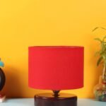 Red Cotton Table lamp with Wood Brown Base