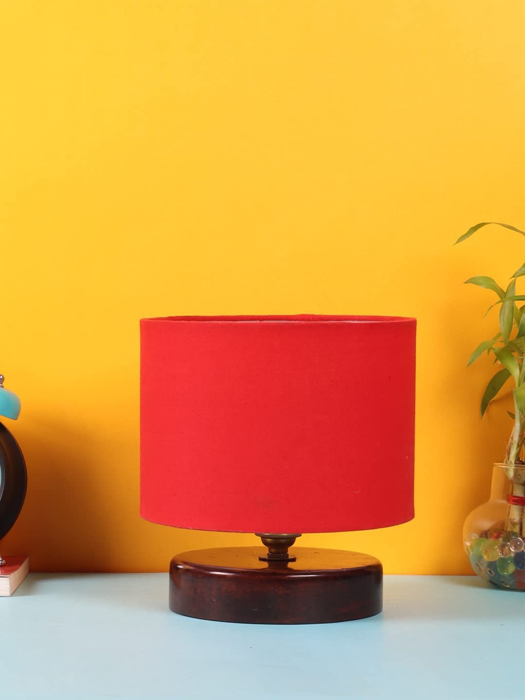 Red Cotton Table lamp with Wood Brown Base