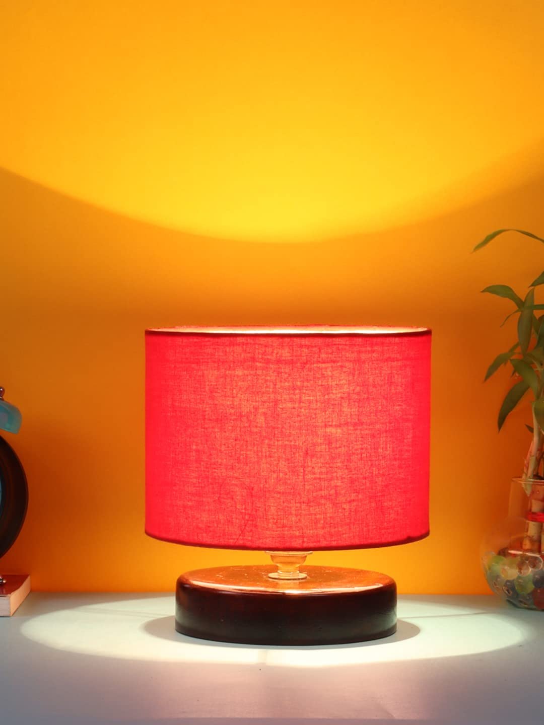 Red Cotton Table lamp with Wood Brown Base