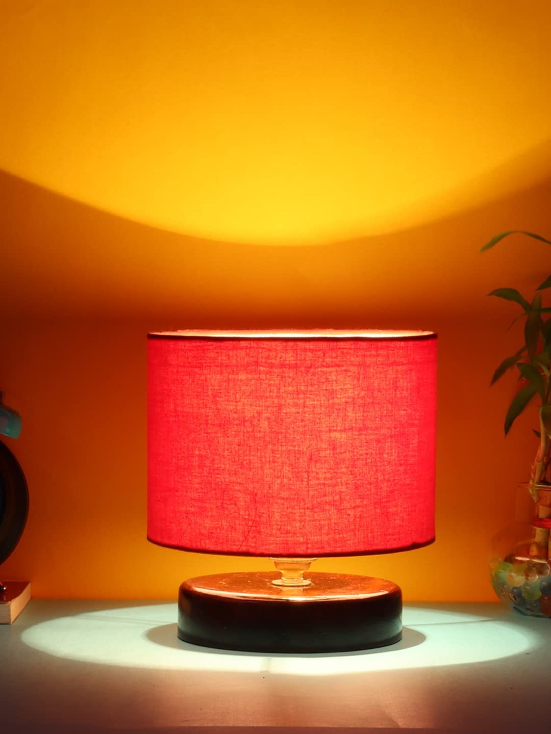 Red Cotton Table lamp with Wood Brown Base