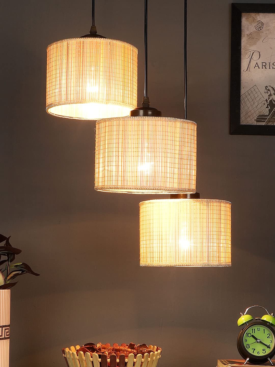 Bamboo Round Drum Cluster Hanging Lamp for Living Room