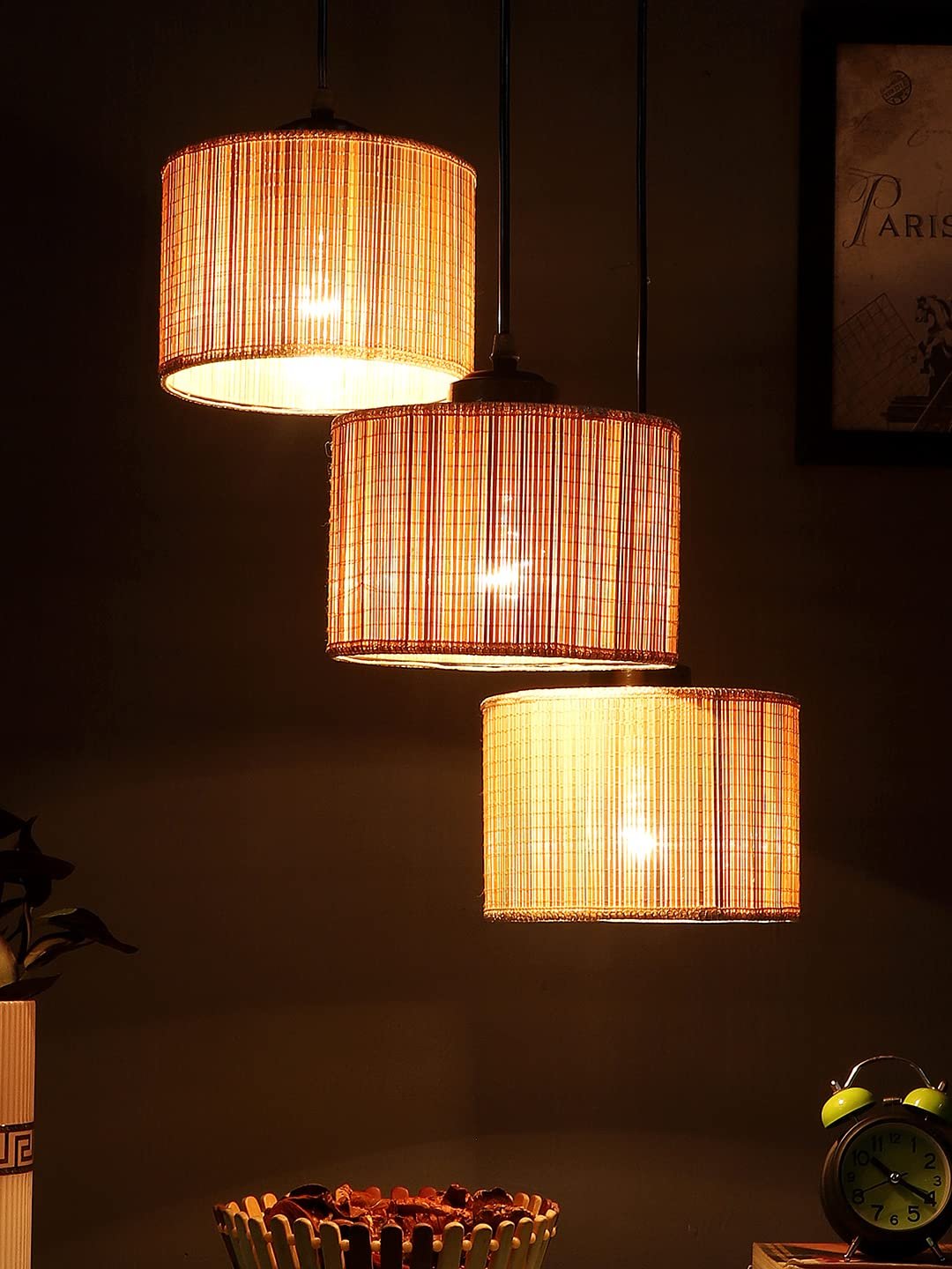 Bamboo Round Drum Cluster Hanging Lamp for Living Room