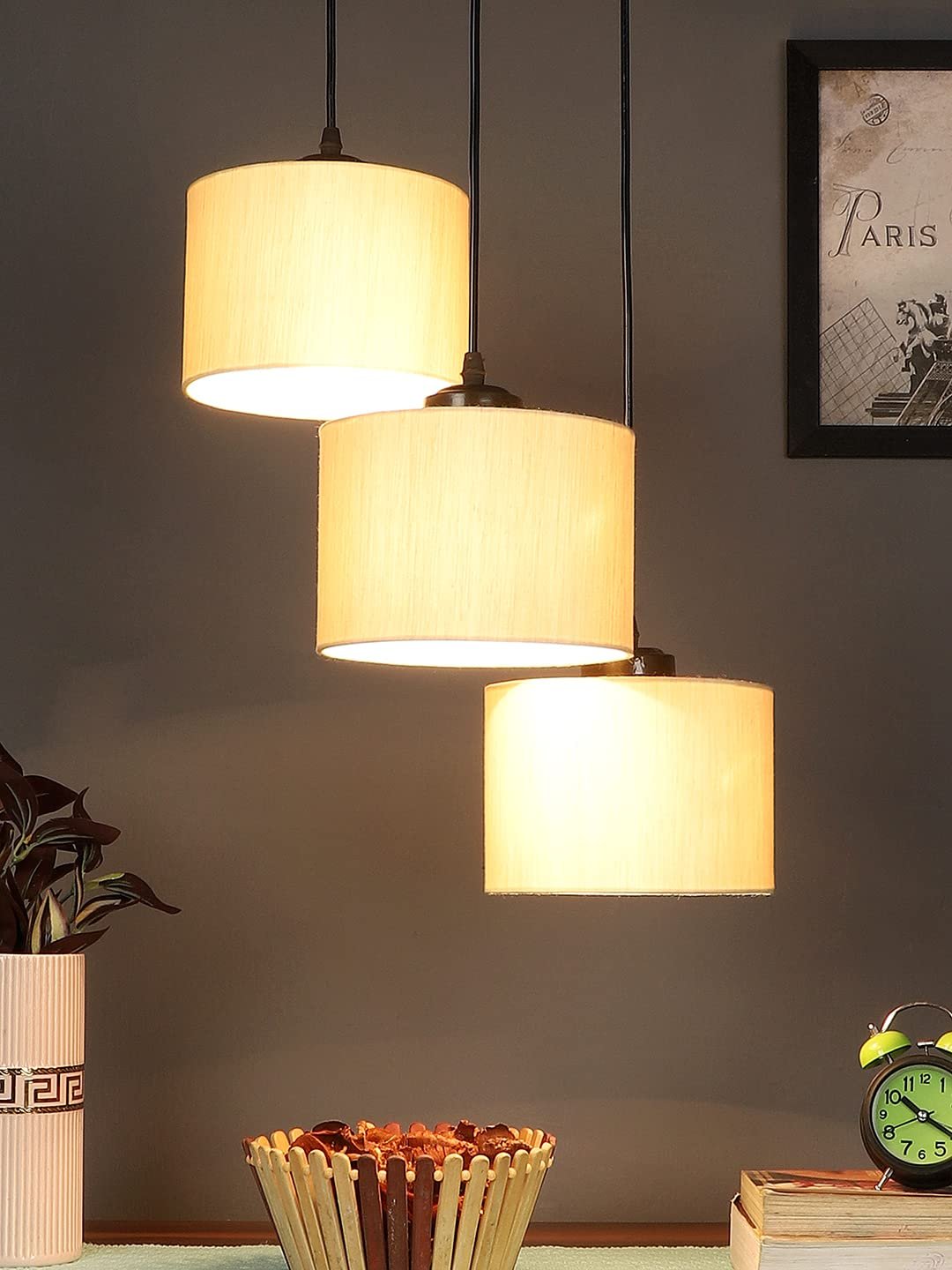 Off-White Cotton Round Drum Cluster Hanging Lamp