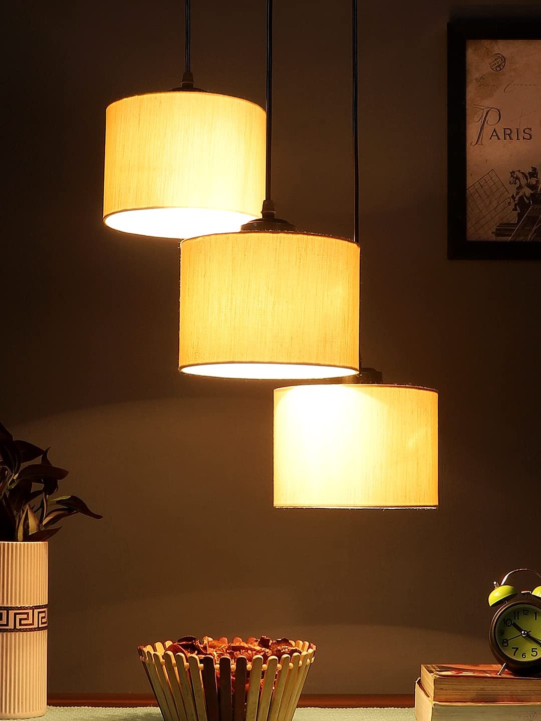 Off-White Cotton Round Drum Cluster Hanging Lamp