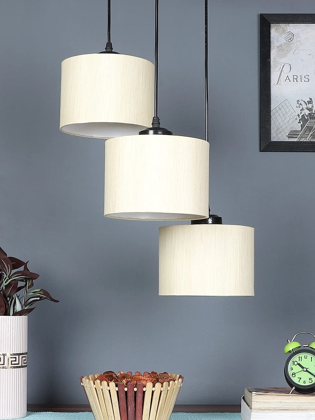 Off-White Cotton Round Drum Cluster Hanging Lamp