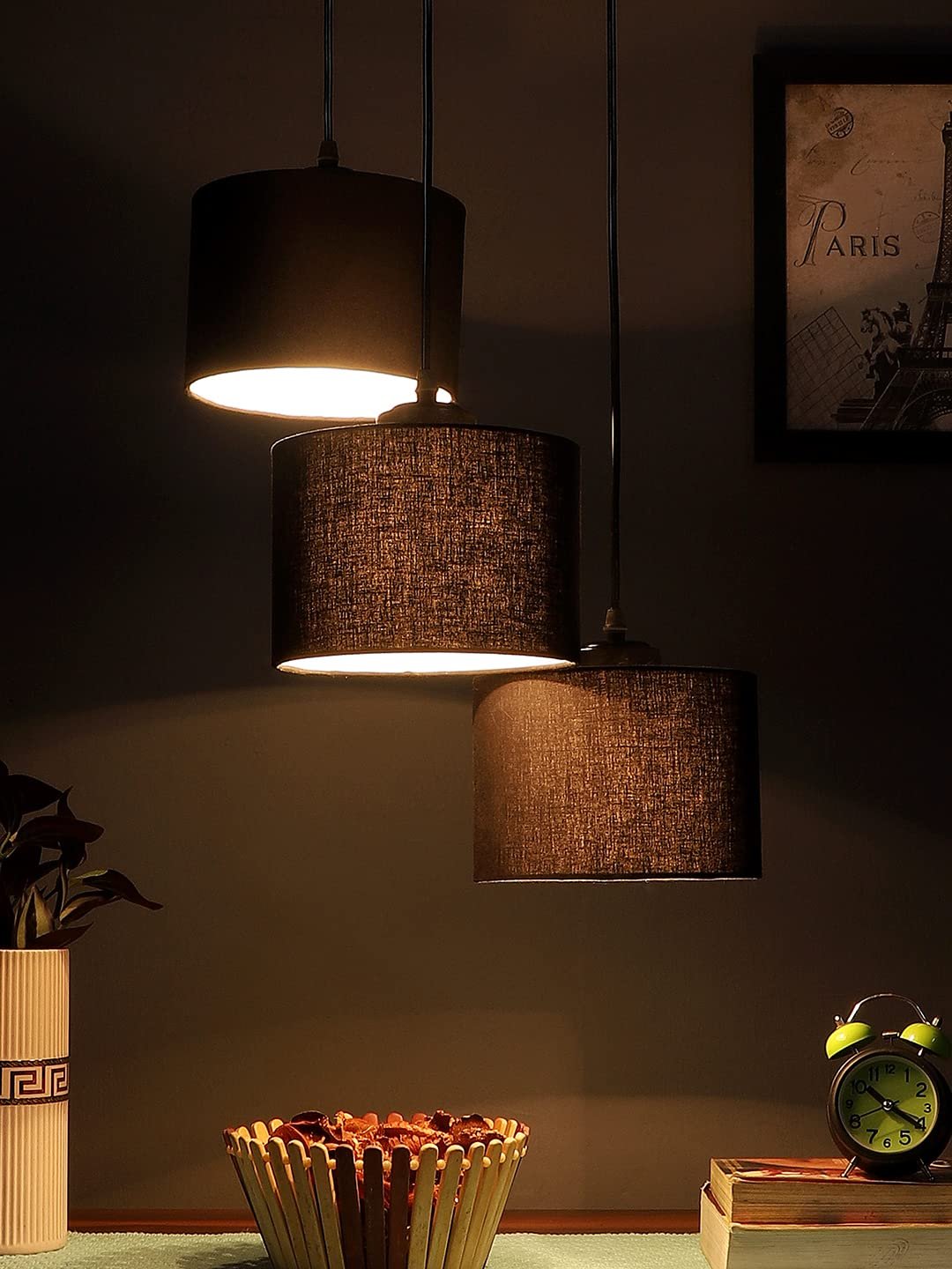 Black Cotton Round Drum Cluster Hanging Lamp