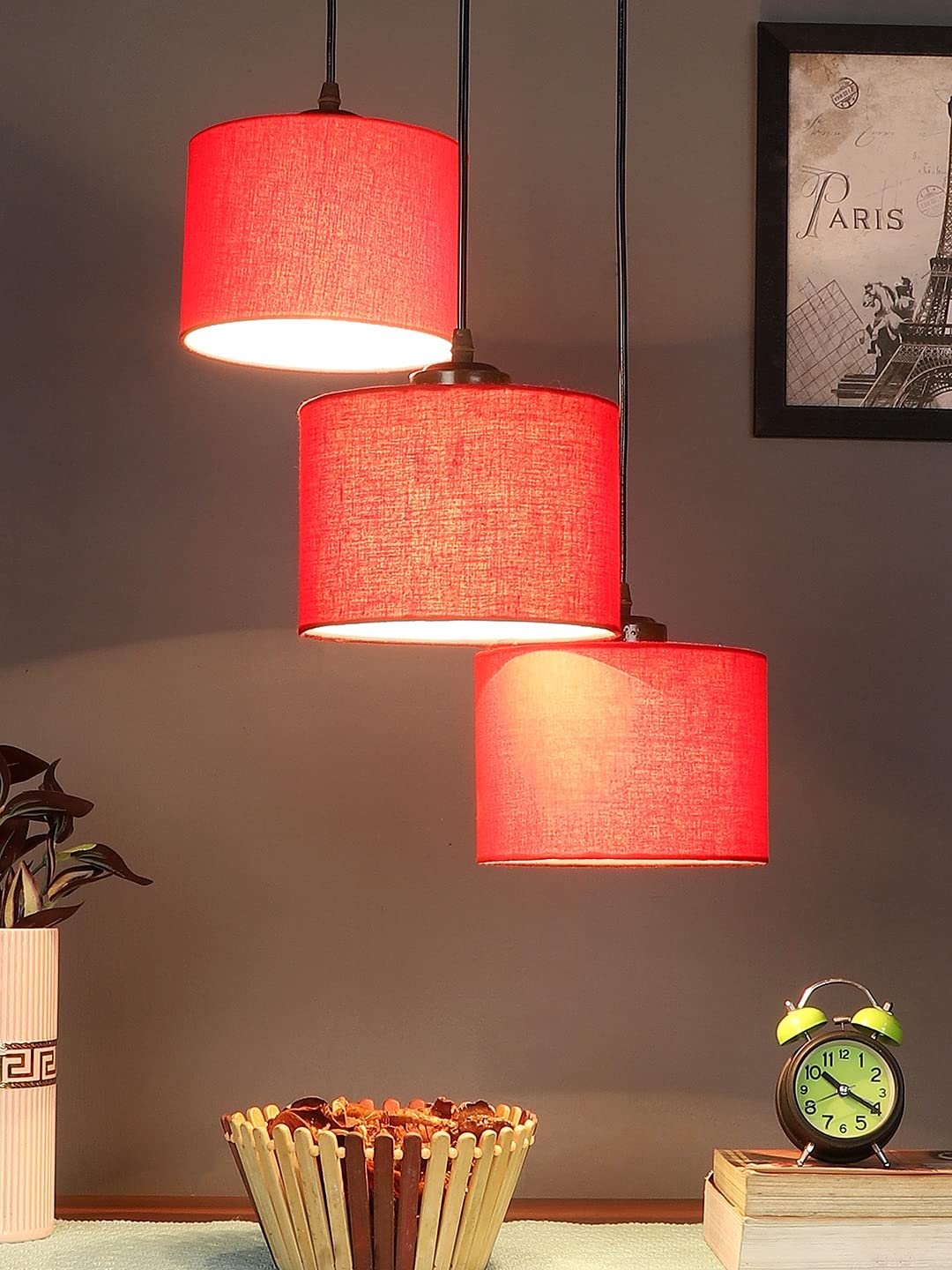 Red Cotton Round Drum Cluster Hanging Lamp