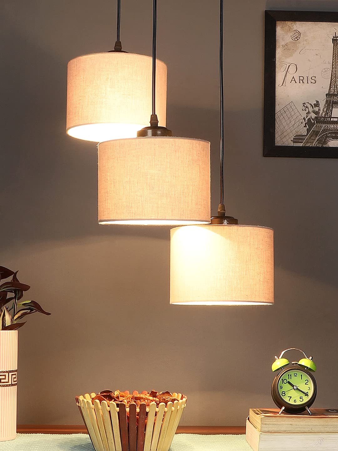 Grey Cotton Round Drum Cluster Hanging Lamp