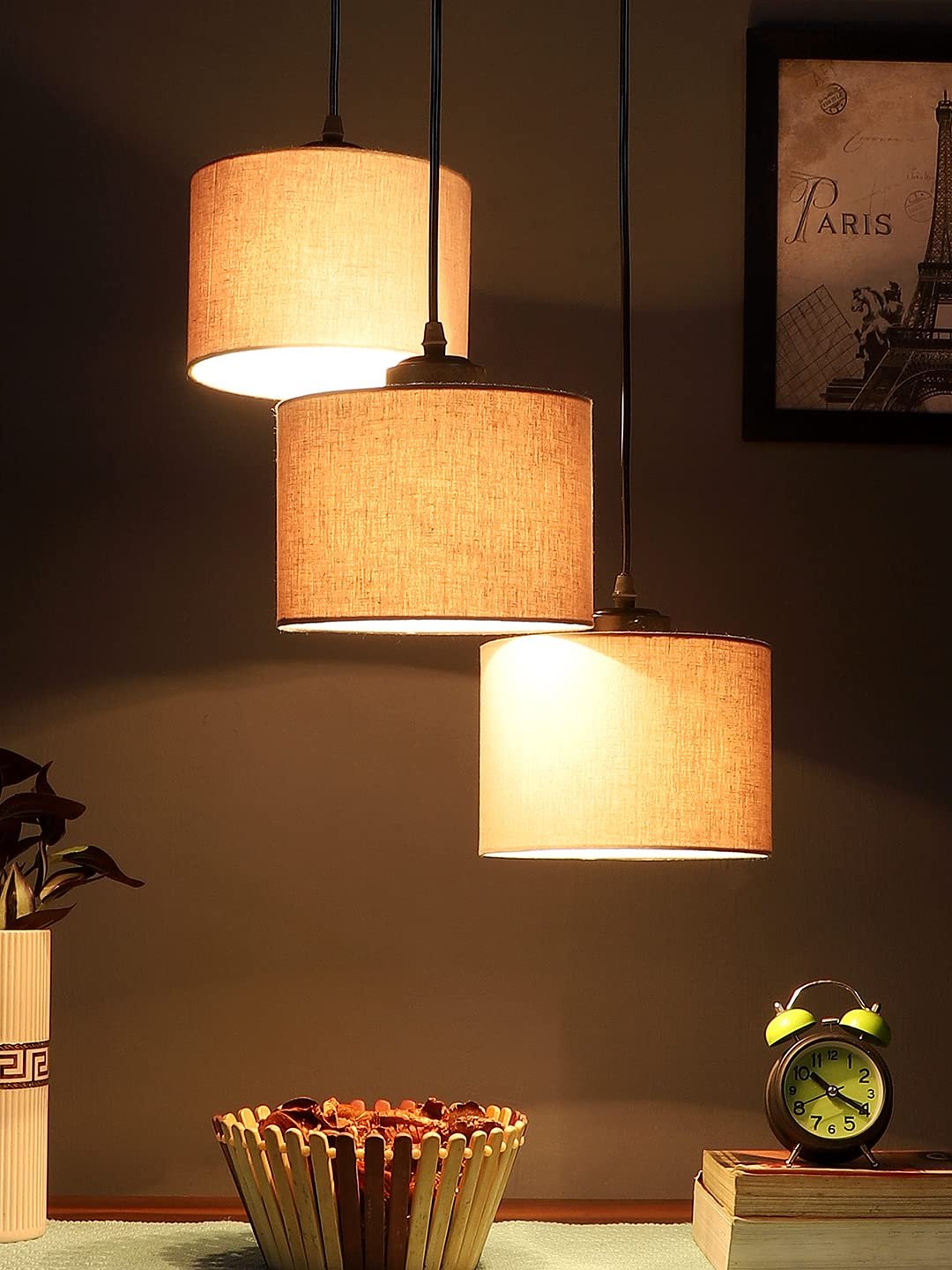 Grey Cotton Round Drum Cluster Hanging Lamp