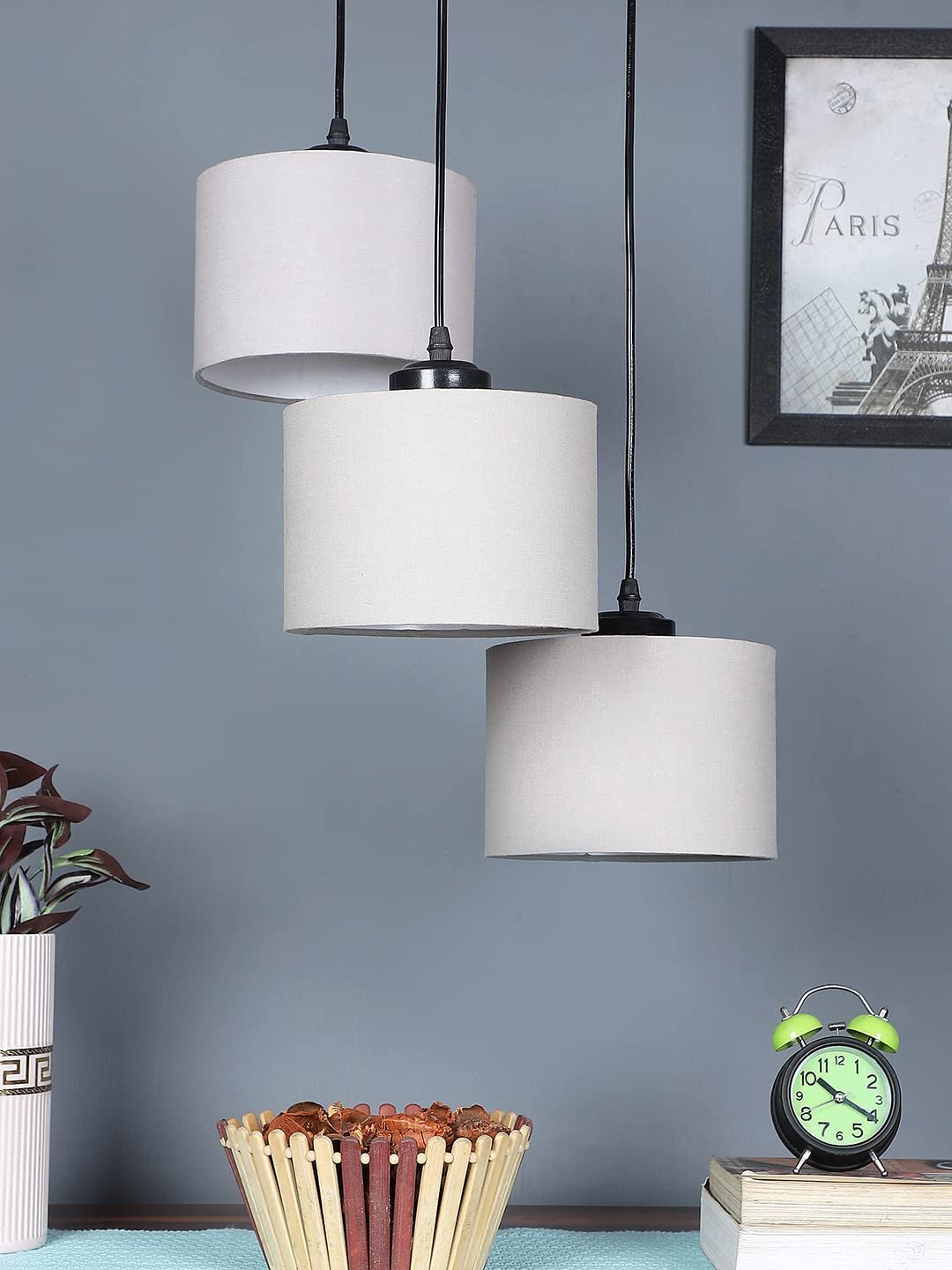 Grey Cotton Round Drum Cluster Hanging Lamp