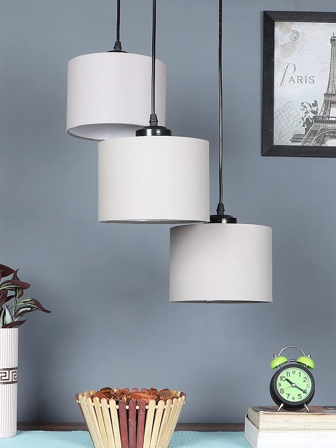 Grey Cotton Round Drum Cluster Hanging Lamp