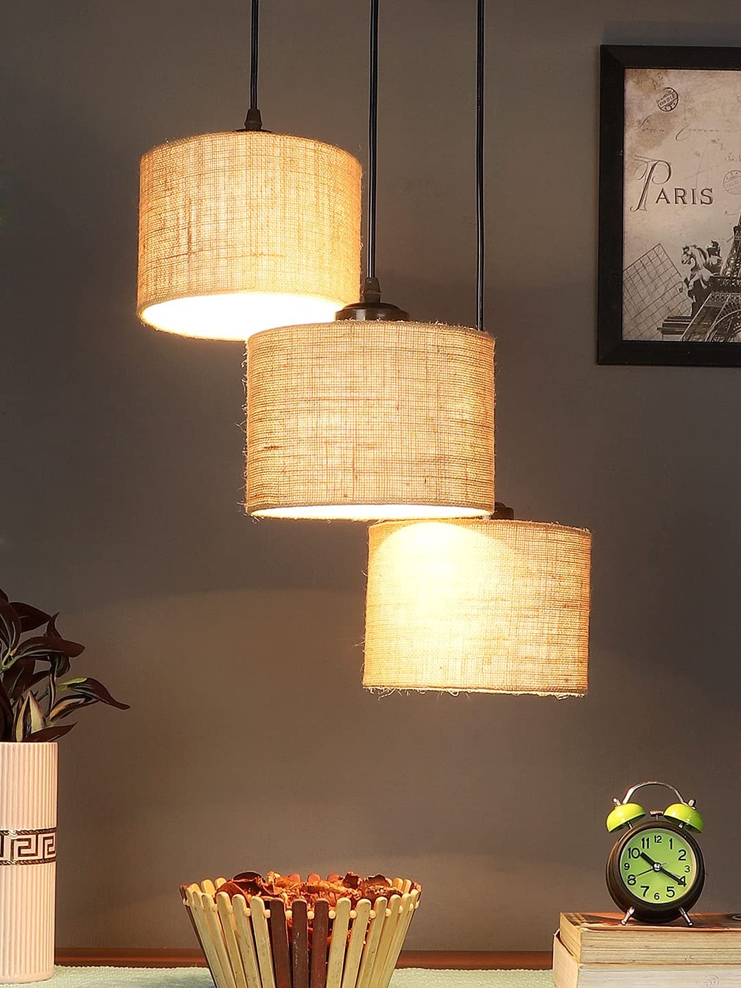 Beige Jute Round Drum Cluster Hanging Lamp