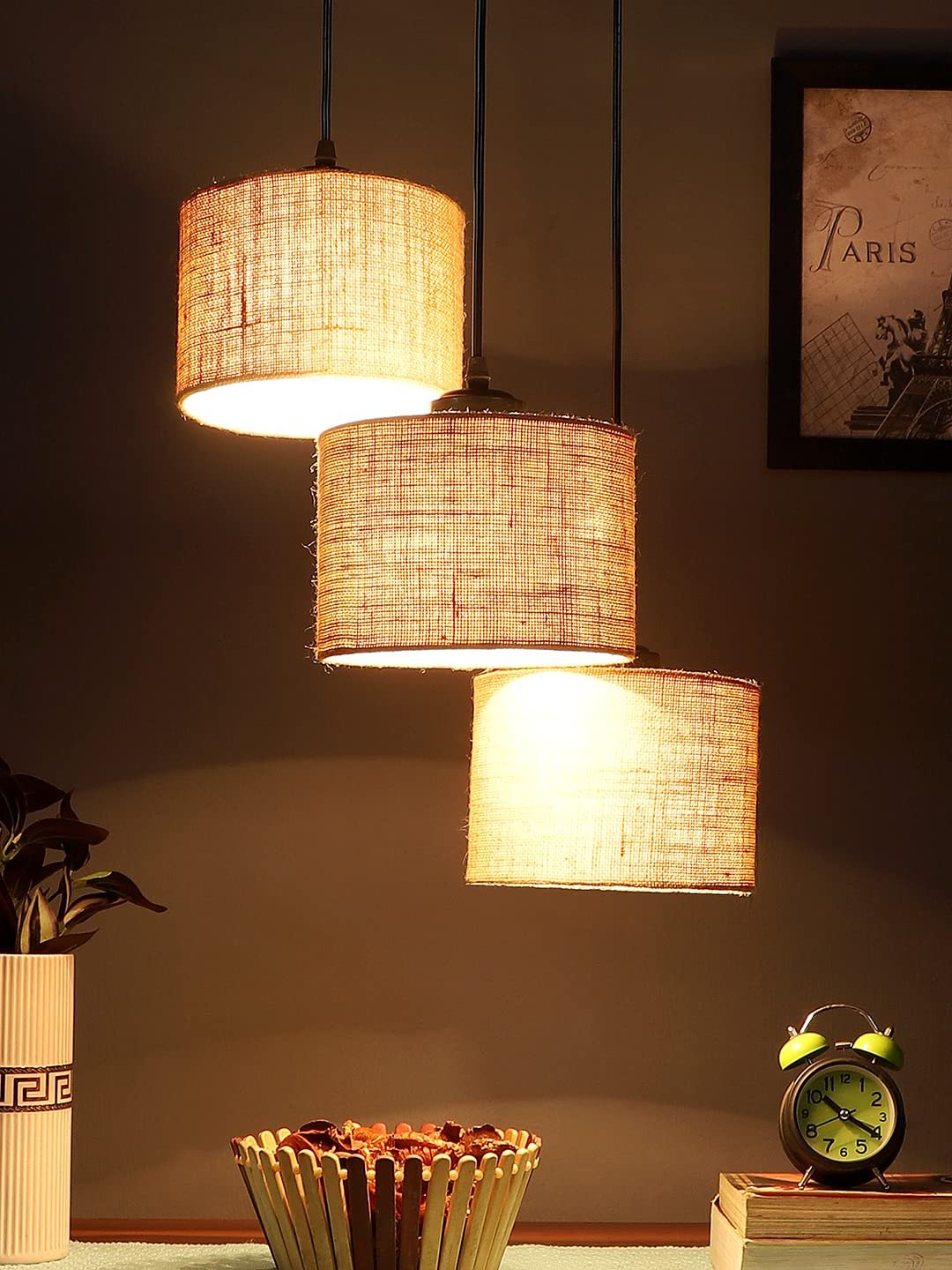 Beige Jute Round Drum Cluster Hanging Lamp