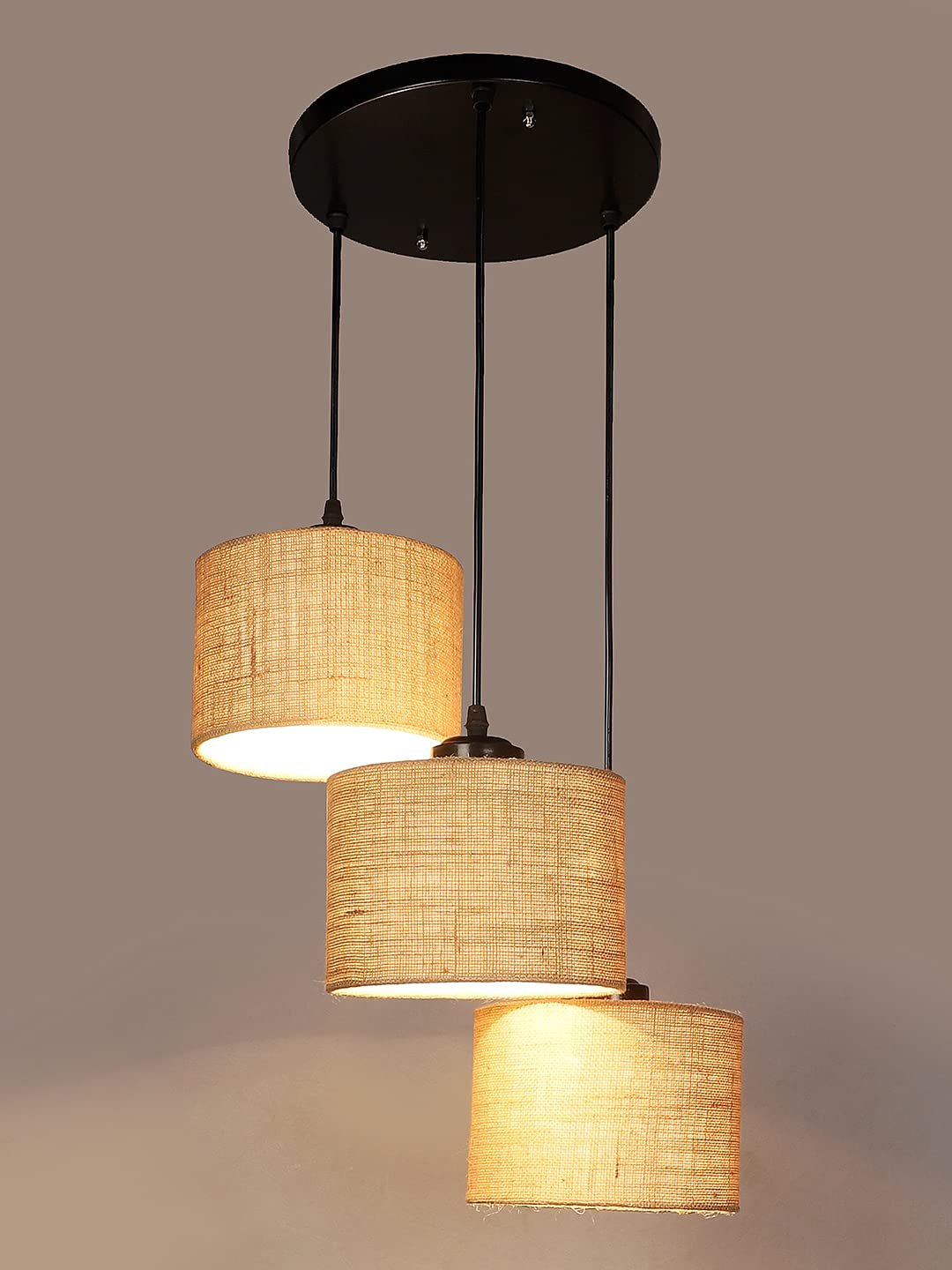 Beige Jute Round Drum Cluster Hanging Lamp
