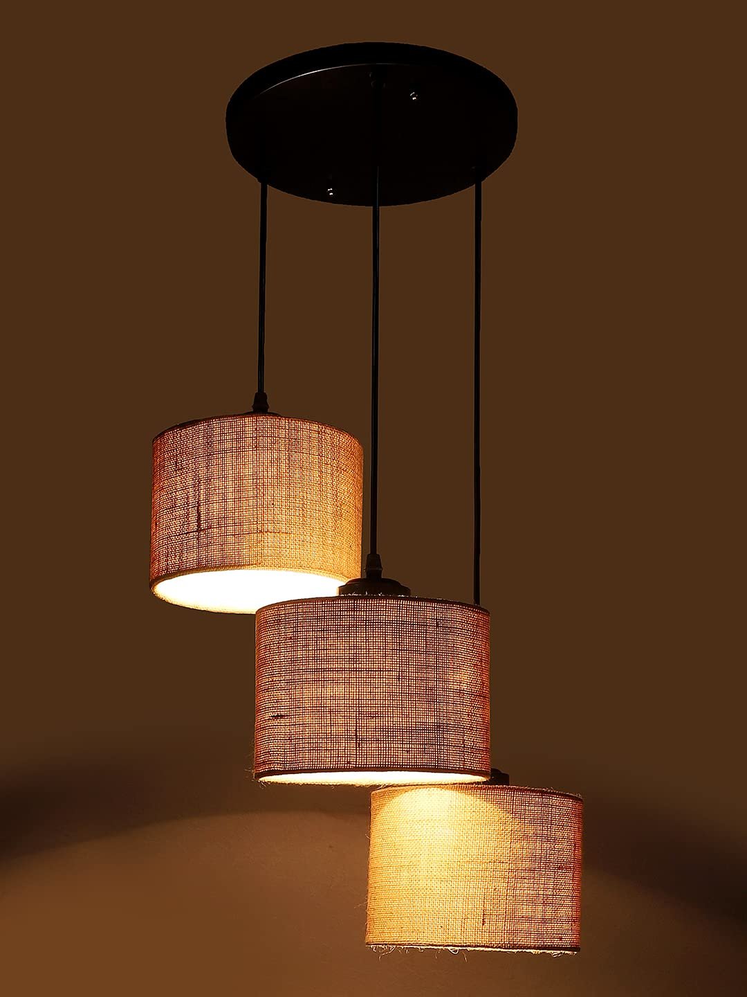 Beige Jute Round Drum Cluster Hanging Lamp