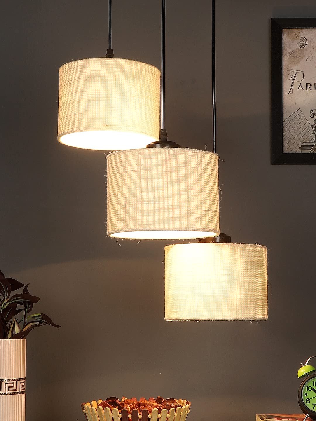 White Jute Round Drum Cluster Hanging Lamp