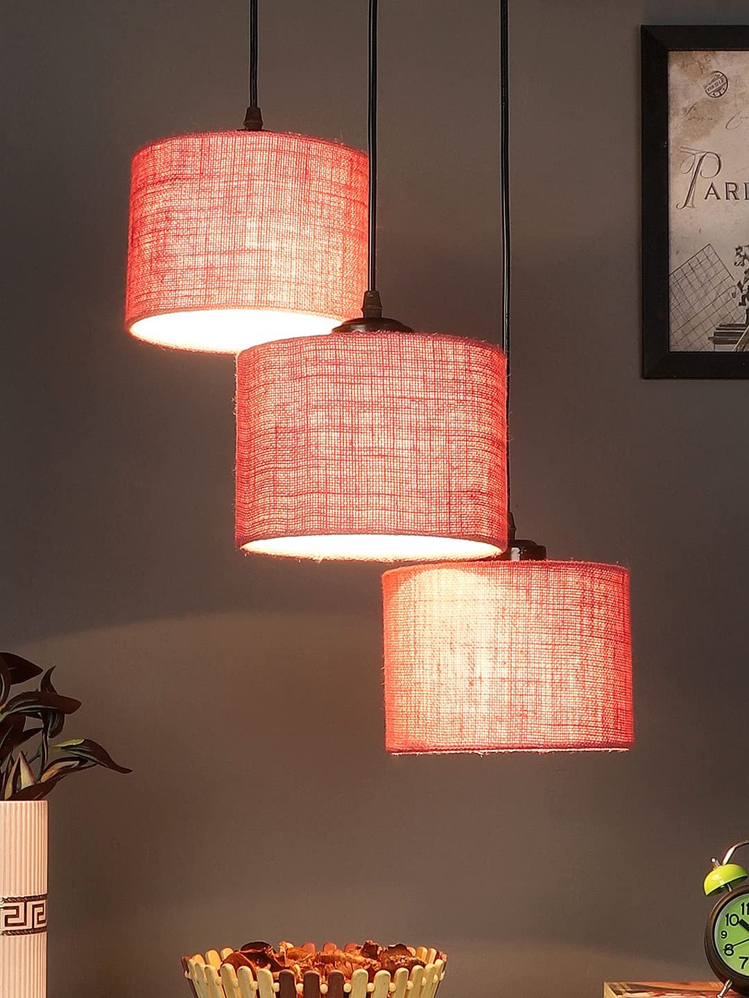 Pink Jute Round Drum Cluster Hanging Lamp