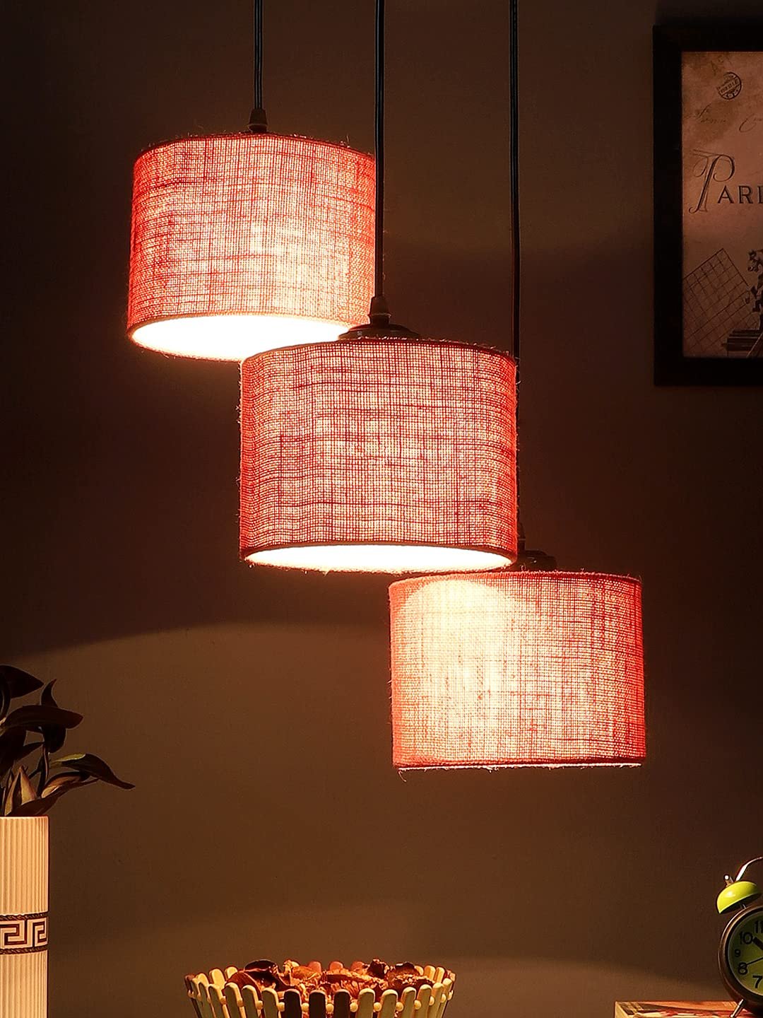 Pink Jute Round Drum Cluster Hanging Lamp