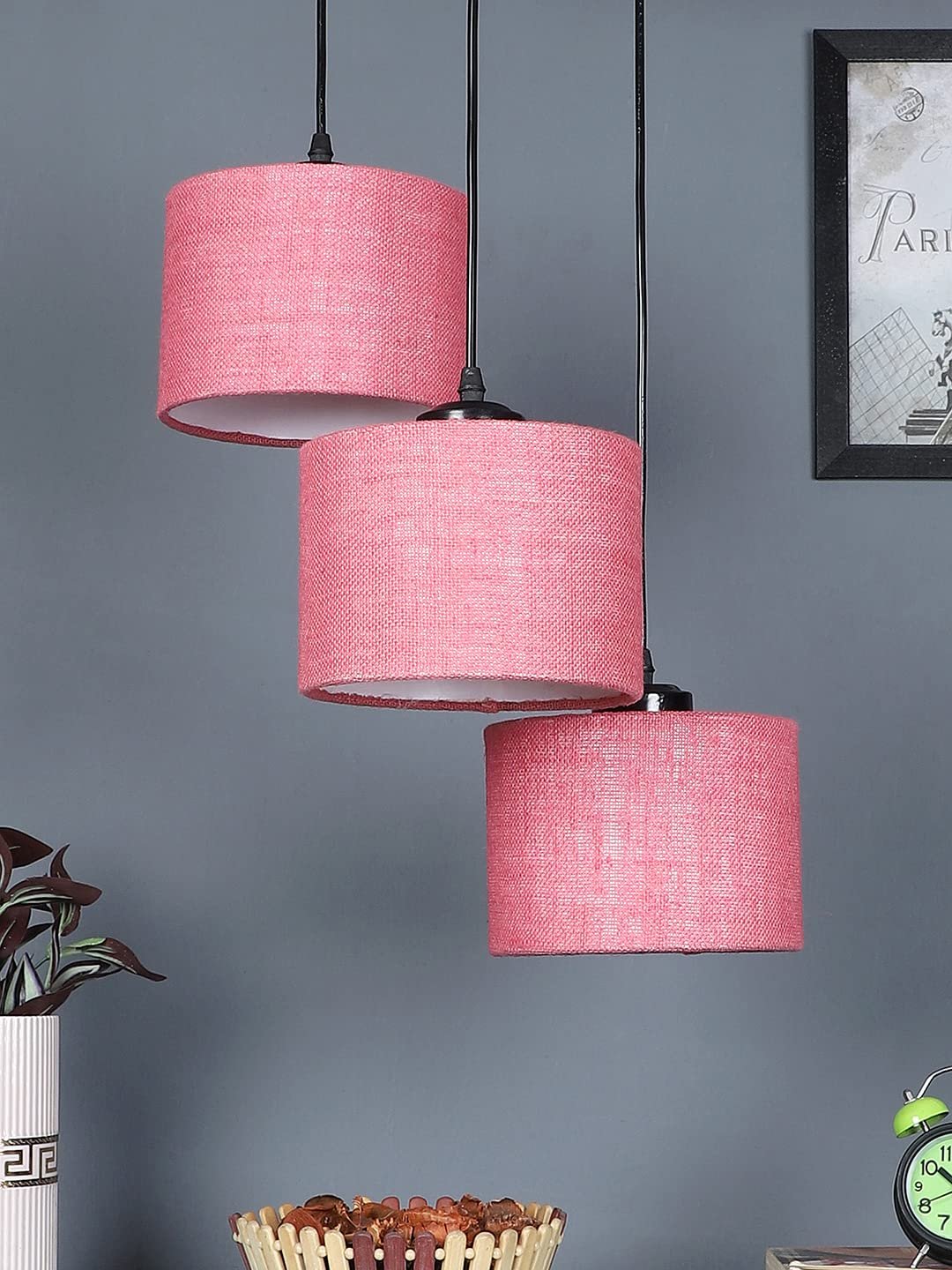 Pink Jute Round Drum Cluster Hanging Lamp