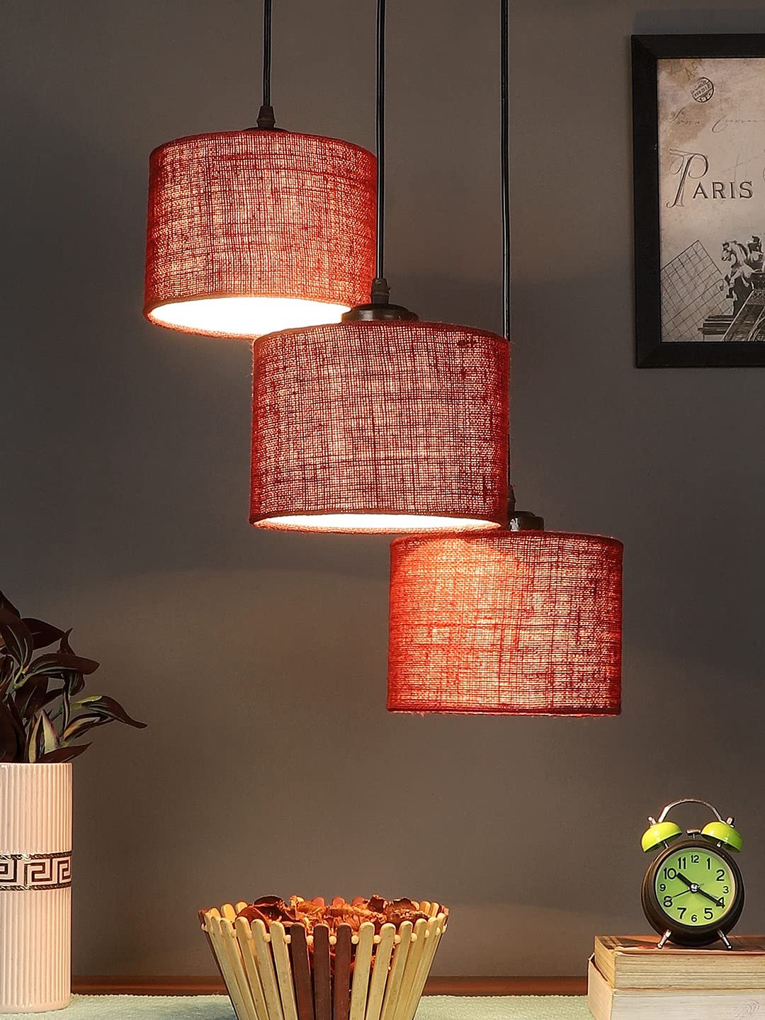 Maroon Jute Round Drum Cluster Hanging Lamp