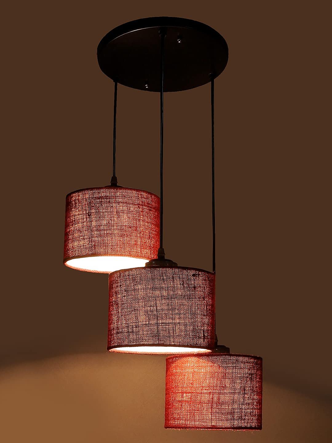 Maroon Jute Round Drum Cluster Hanging Lamp