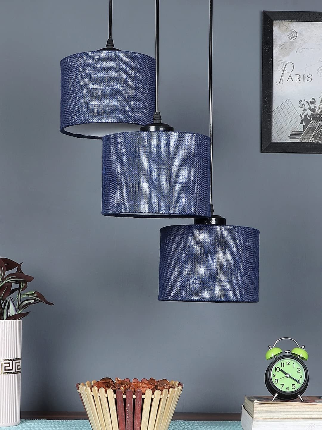 Blue Jute Round Drum Cluster Hanging Lamp