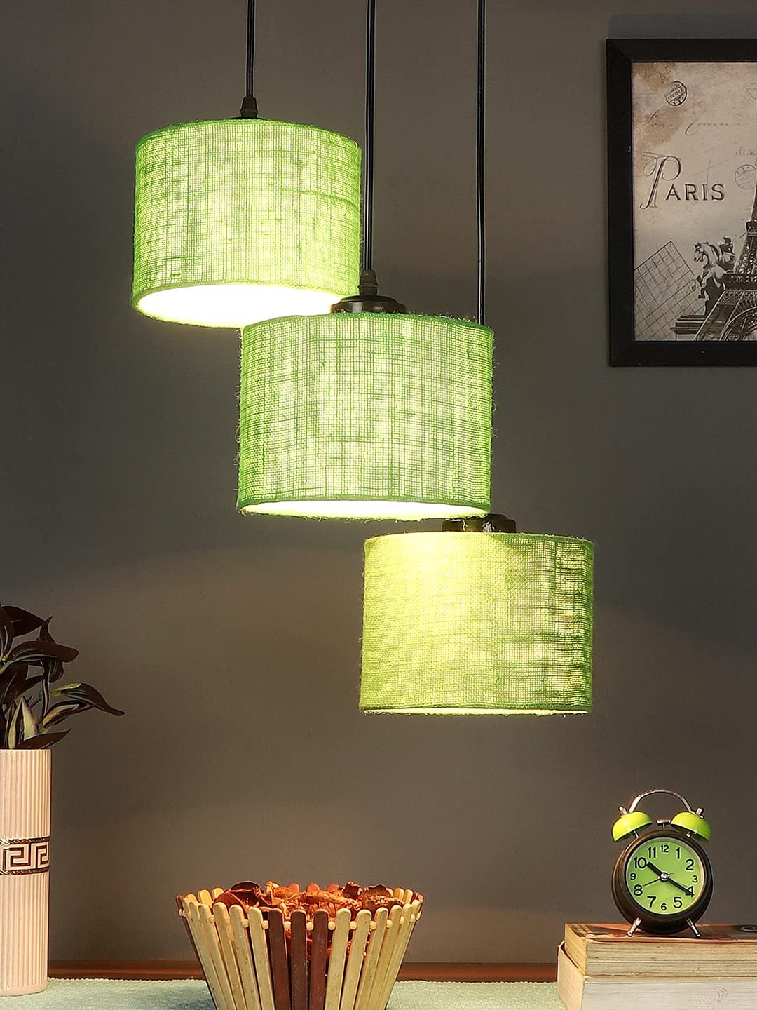 Green Jute Round Drum Cluster Hanging Lamp for Living Room
