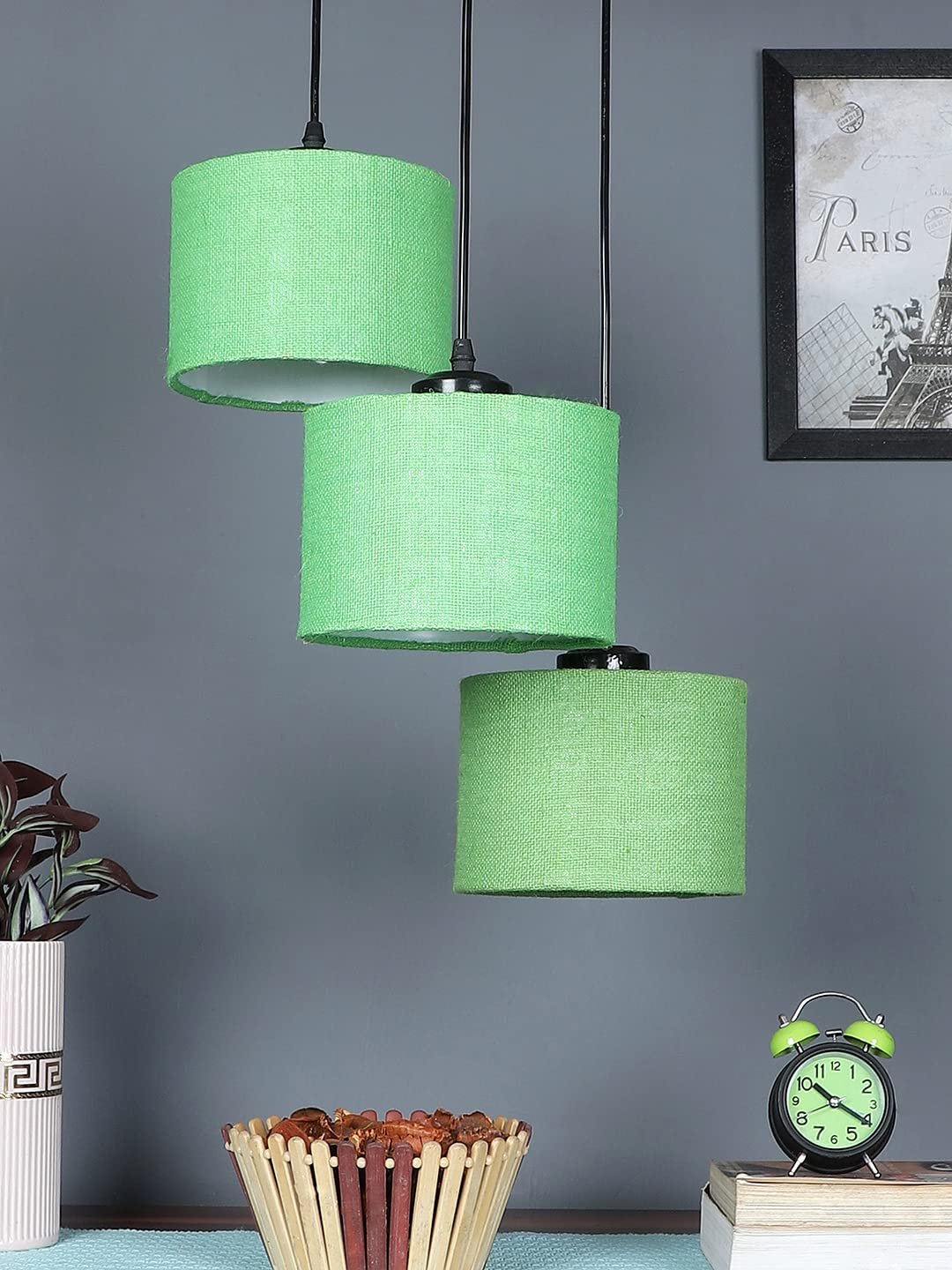 Green Jute Round Drum Cluster Hanging Lamp for Living Room