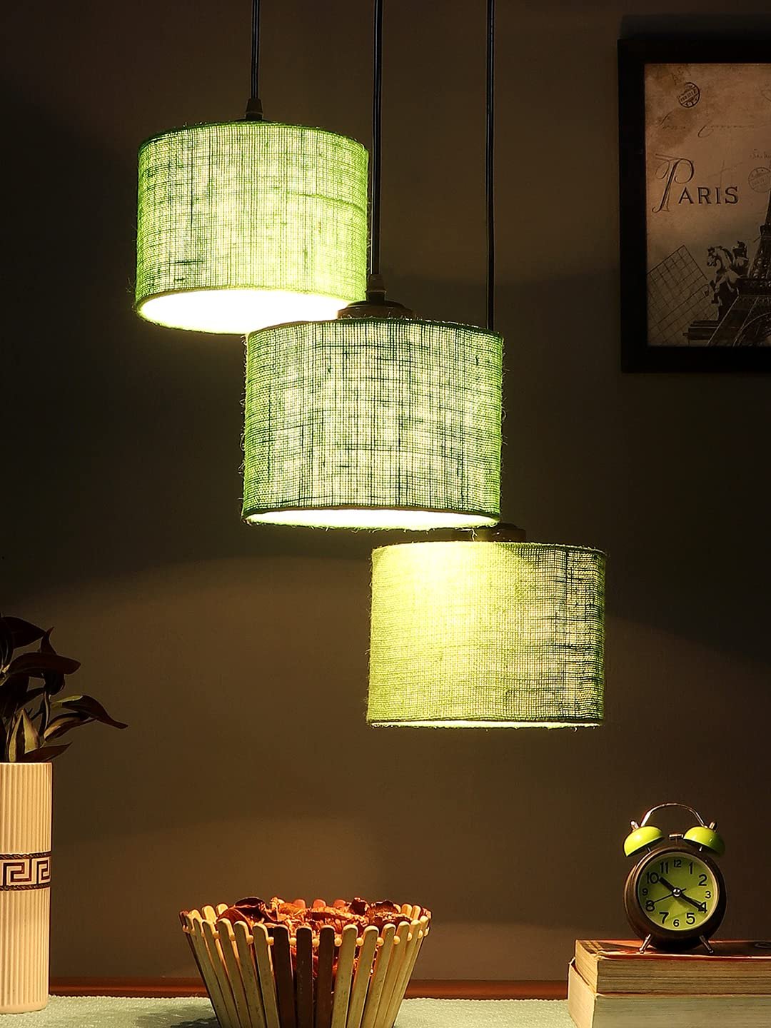 Green Jute Round Drum Cluster Hanging Lamp for Living Room