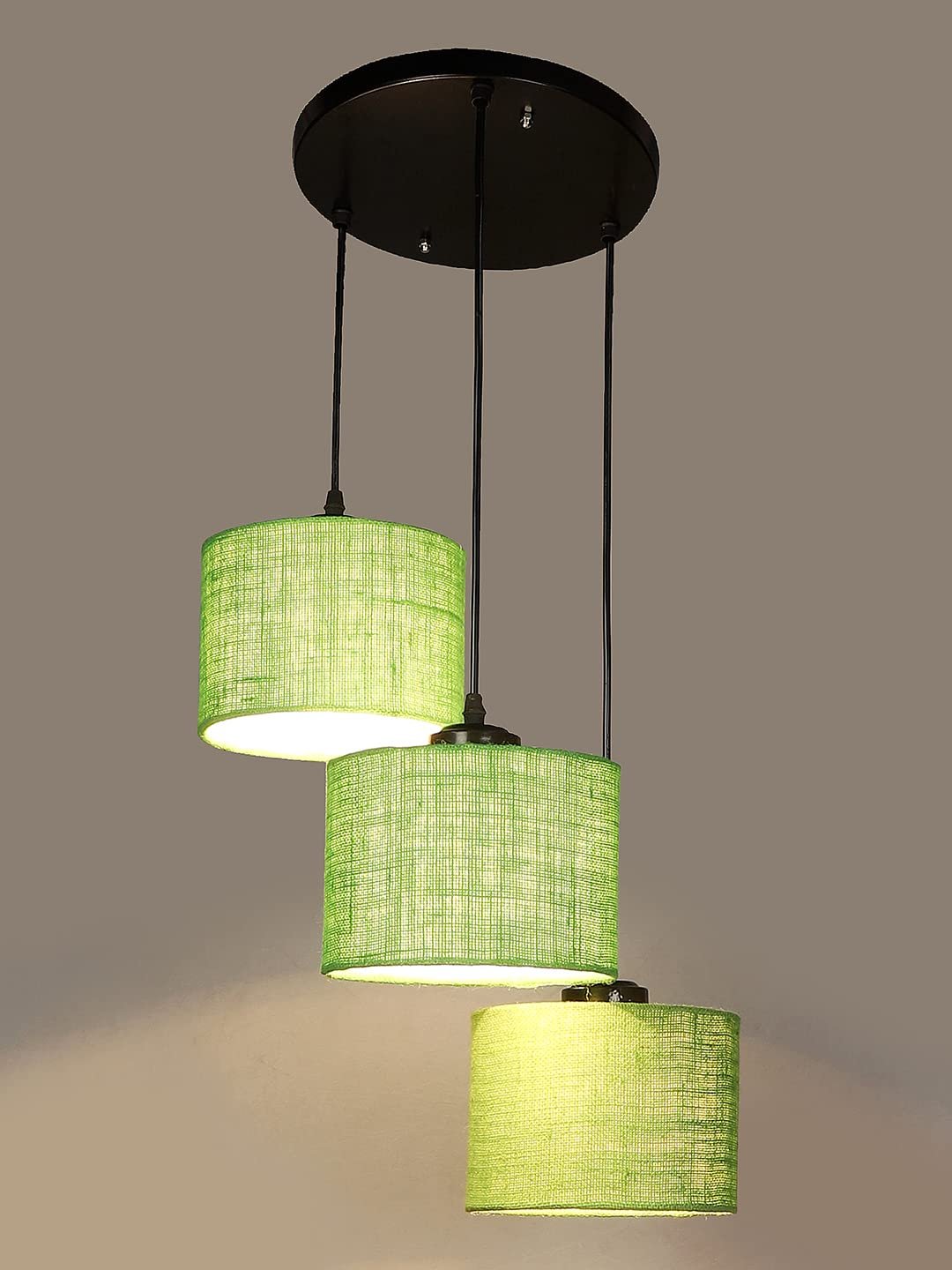 Green Jute Round Drum Cluster Hanging Lamp for Living Room