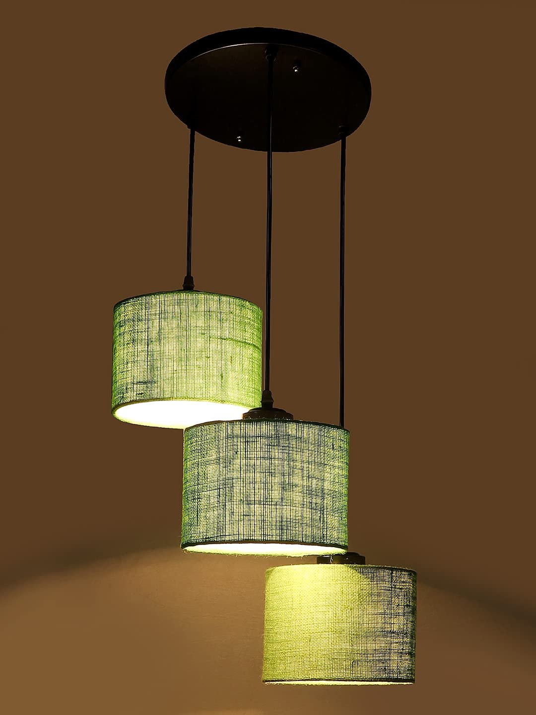 Green Jute Round Drum Cluster Hanging Lamp for Living Room