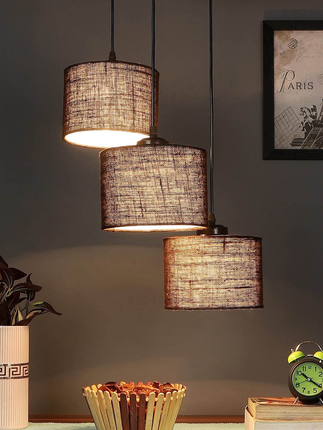 Brown Jute Round Drum Cluster Hanging Lamp