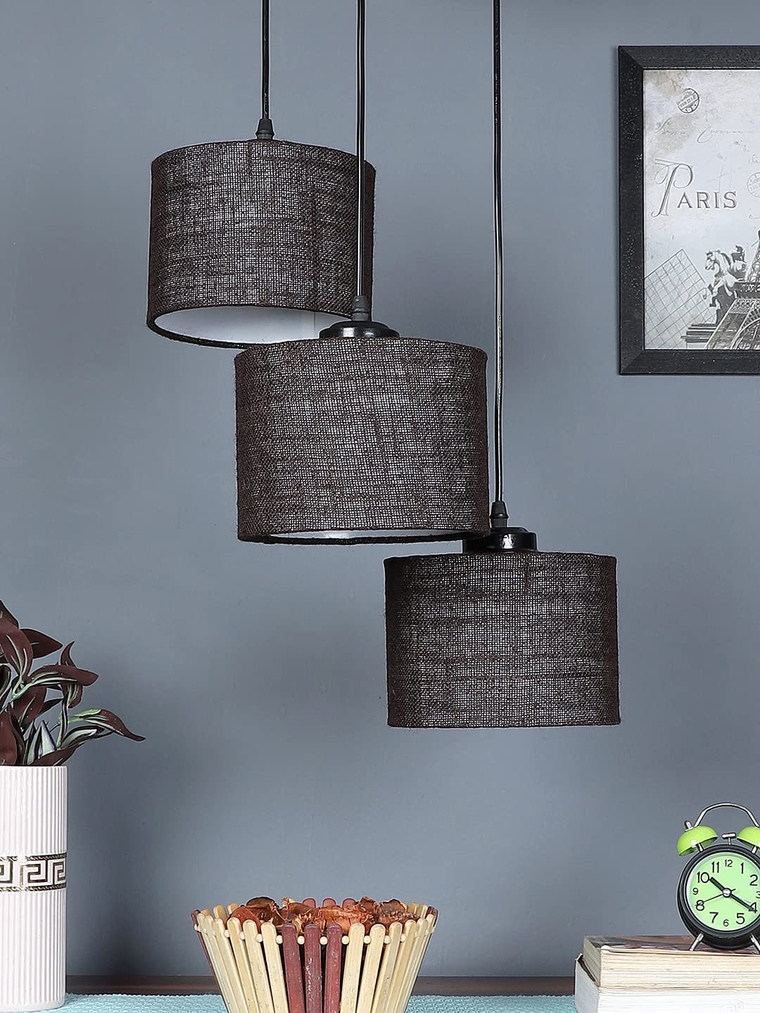 Brown Jute Round Drum Cluster Hanging Lamp