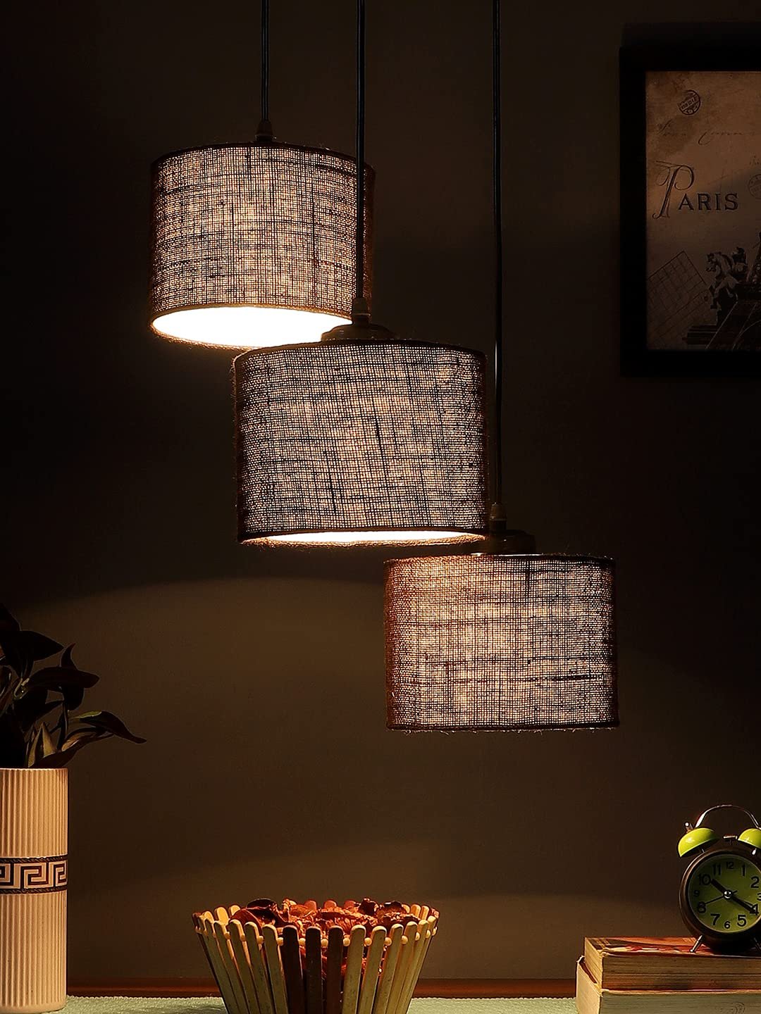 Brown Jute Round Drum Cluster Hanging Lamp