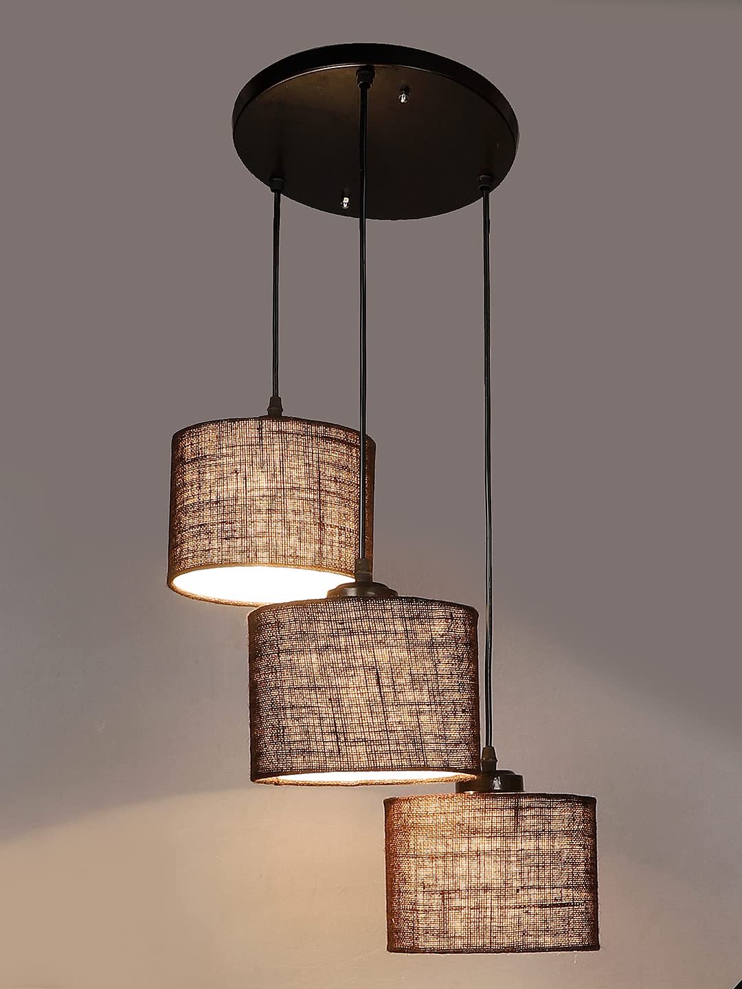 Brown Jute Round Drum Cluster Hanging Lamp