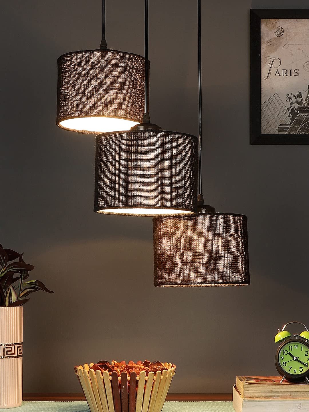 Black Jute Round Drum Cluster Hanging Lamp