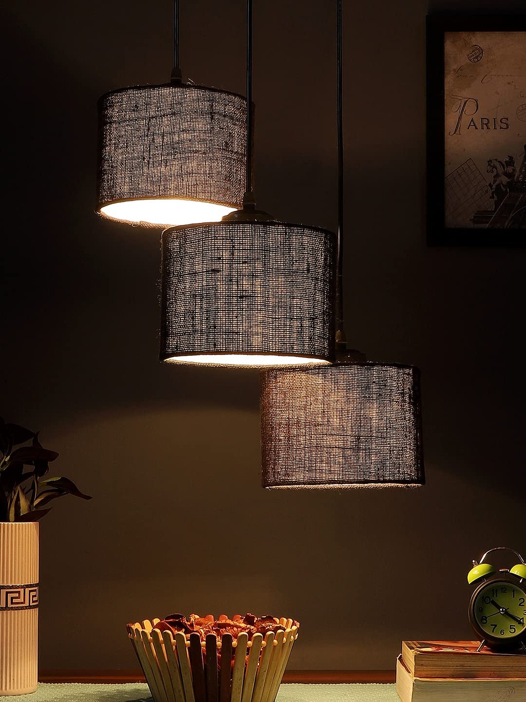 Black Jute Round Drum Cluster Hanging Lamp