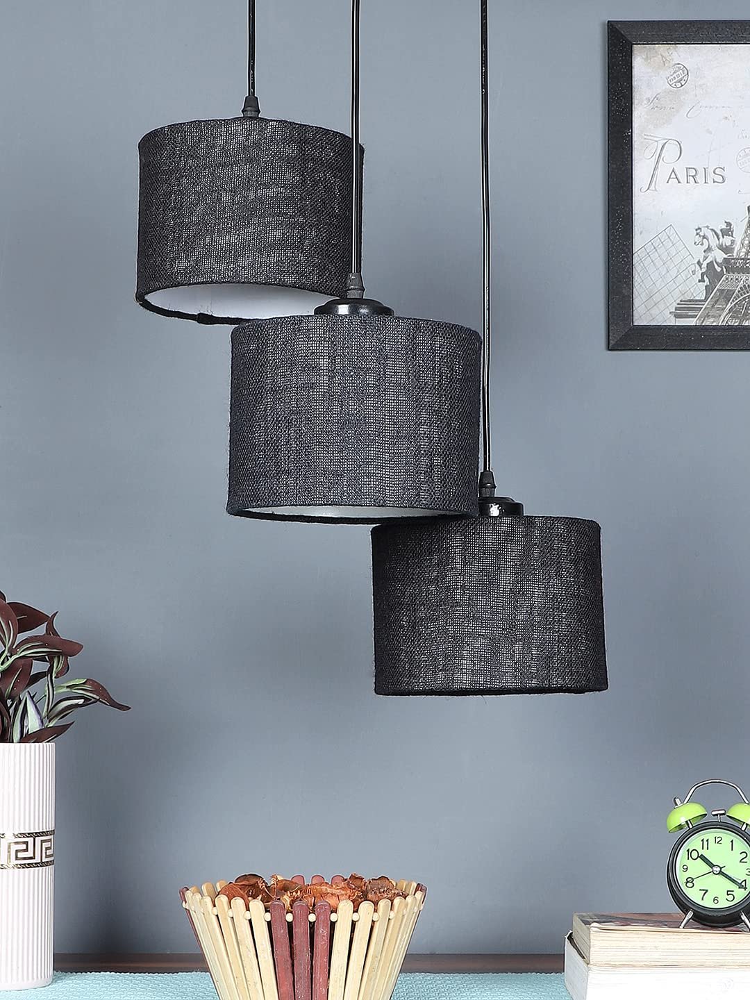 Black Jute Round Drum Cluster Hanging Lamp